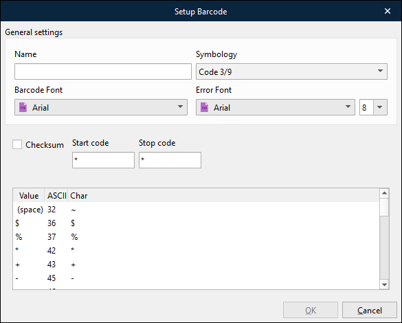 The Setup Barcode window with Code 3/9 symbology selected.